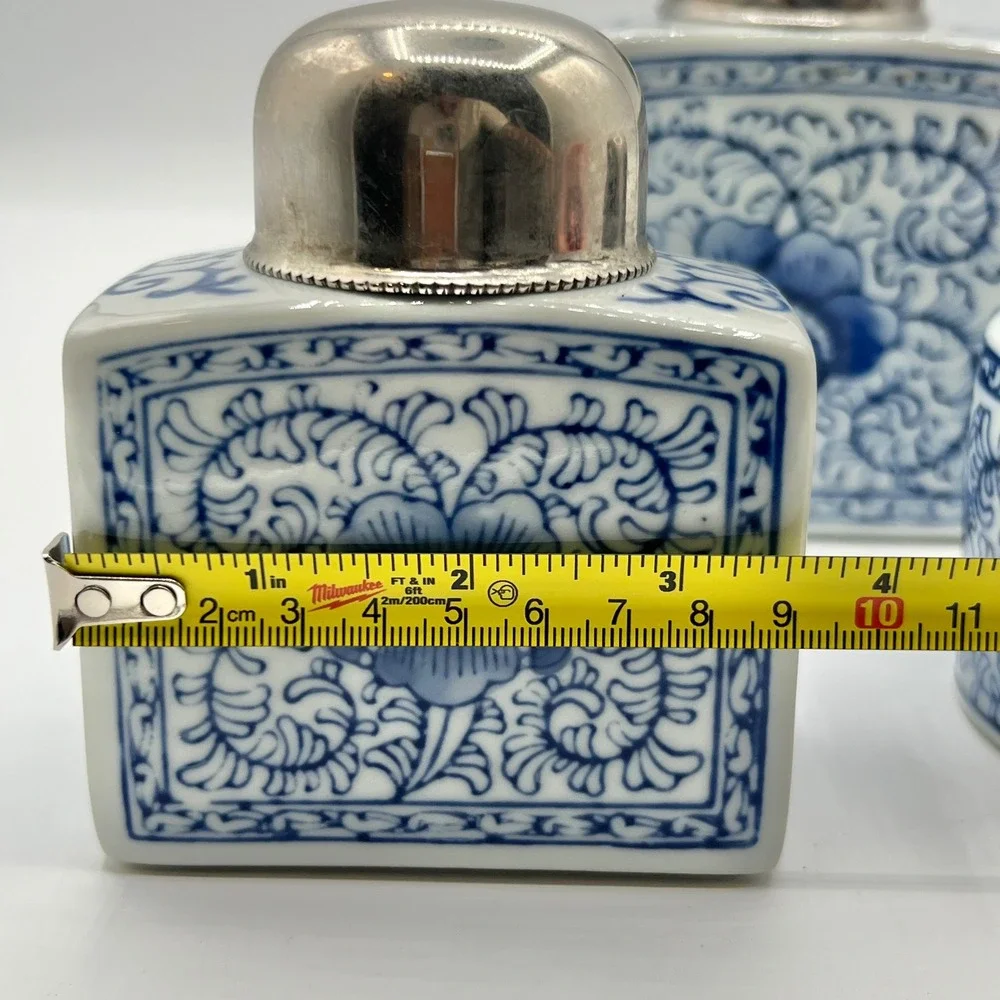 Vintage Two's Company Ceramic‎ Blue White Floral Tea Caddies Canisters Set of 3